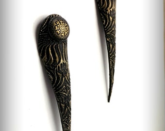 Black and Gold Talon Earrings - Laser Engraved Leather - Extra Long Spike Earrings