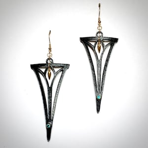 Geometric Black Leather and Spike Earrings, Art Deco Earrings, Brass Spikes, Teal Rhinestones