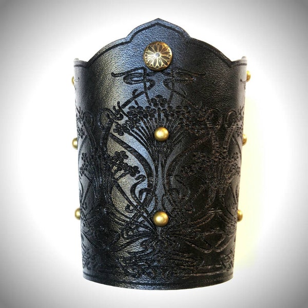 Leather Bracer, Art Nouveau Inspired Leather Cuff, Black with Bronze, Gift for her