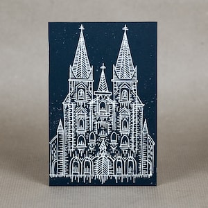 Gothic Church Lino Print -Black & White - Tattoo Flash -handmade hand printed - A6 Art Print Etching linocut/ block/ relief - original print