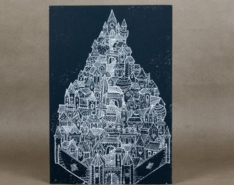 Walled City Lino Print - Linocut print - A4 - Black & White hand printed - art print - tattoo - linocut relief print handmade original print