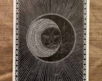 Large Sun and Moon Lino Print, Original Art Print. Black & white Linocut, Moon face, rising sun, patterned print. Handmade and Handprinted.