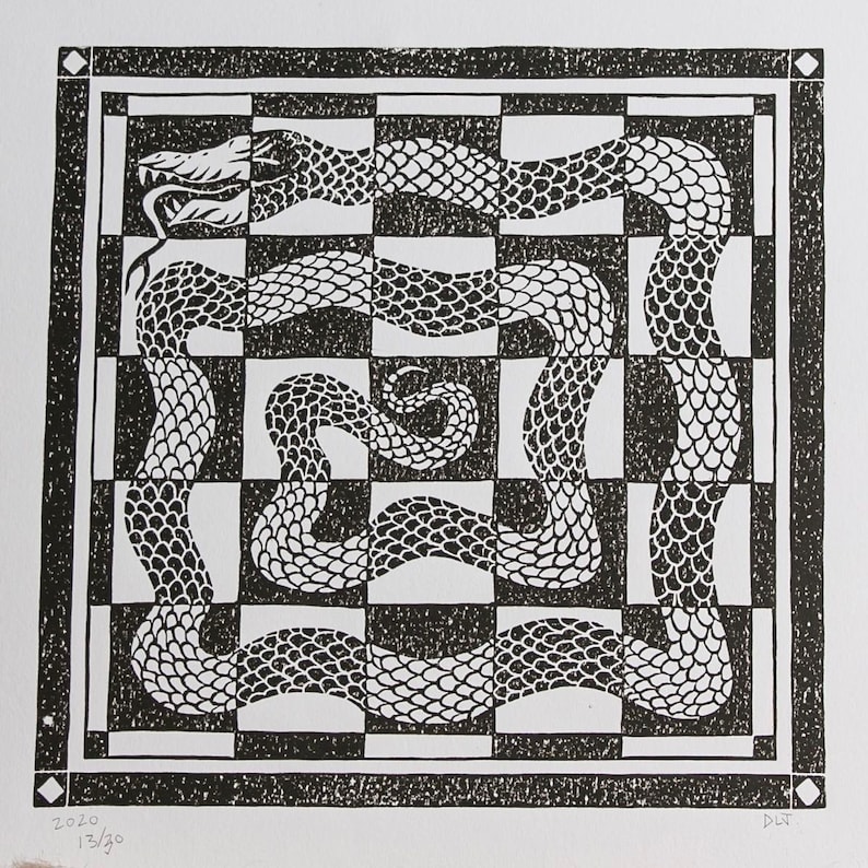 Checkered Snake Linocut Print: Tattoo Style Art (30cm X 30cm) - Etsy