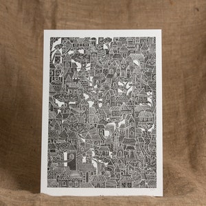 Woodland Village Risograph Print: Lino Cut Art Print
