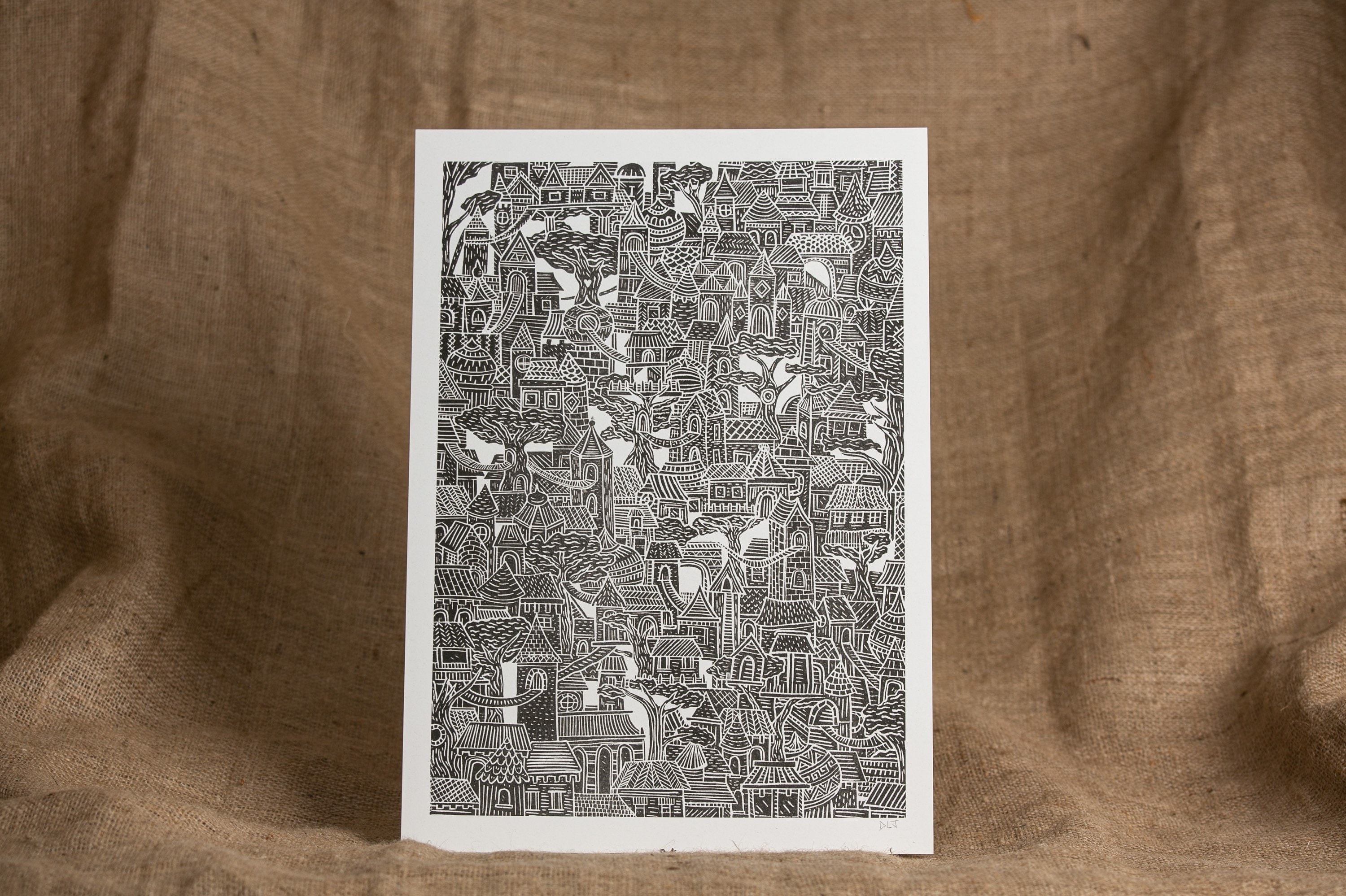 Woodland Village Risograph Print: Lino Cut Art Print