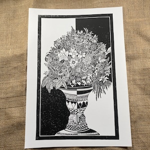 Self reflection vase of flowers Lino Print, relating to Mental health. Large Linocut print. Handprinted, Size A3.