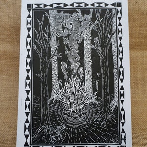 Woodland Camp Fire Lino Print, Handmade Linocut original Art Print. Trees, Forrest, fire, smoke, fox and a owl. black and white, Size A4.