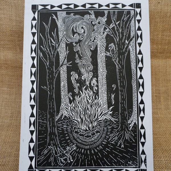 Woodland Camp Fire Lino Print, Handmade Linocut original Art Print. Trees, Forrest, fire, smoke, fox and a owl. black and white, Size A4.