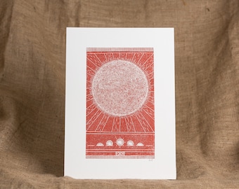 Large Sun Rays Lino Print, Original Art Print. Burnt Orange Linocut, Sunrise  phases handprinted Art Print.
