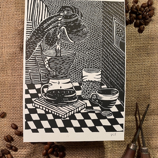 Coffee Lino Print, Size A5 limited edition handmade original Linocut art print. Black and white pour over coffee illustration