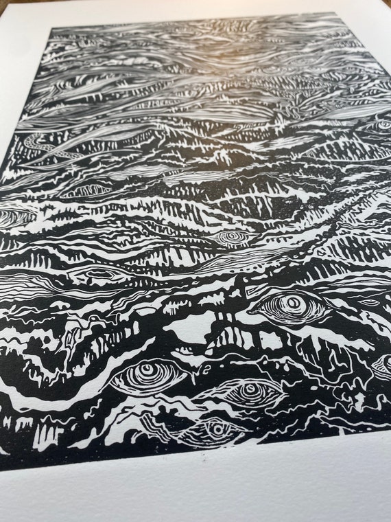 Abstract Sea Lino Print. Large Hand 