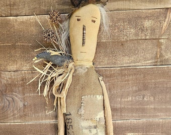 Primitive FolkArt Scarecrow Door Greeter Autumn Front Door Scarecrow Decoration Scarecrow Doll with Gourd & Crow Scarecrow Doll Accent
