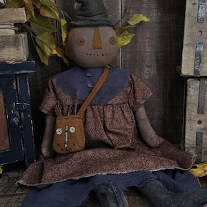 Primitive Halloween Witch Doll: Rustic Folk Art Pumpkin Decoration