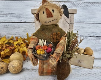 Primitive Harvest Scarecrow - Fall Tiered Tray Home Decor - Autumn Scarecrow Tabletop Decoration - Scarecrow Shelf Sitter - Scarecrow Accent