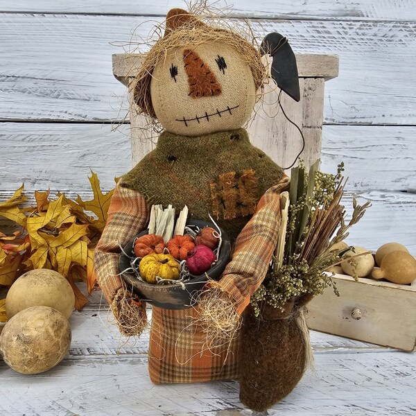 Primitive Harvest Scarecrow - Fall Tiered Tray Home Decor - Autumn Scarecrow Tabletop Decoration - Scarecrow Shelf Sitter - Scarecrow Accent