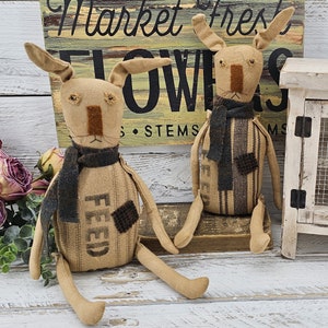 Primitive Grainsack Farmhouse Rabbit - FolkArt Spring Easter Bunny Feed Sack Rabbit - Easter Home Décor - Old Look Spring Rabbit Accent