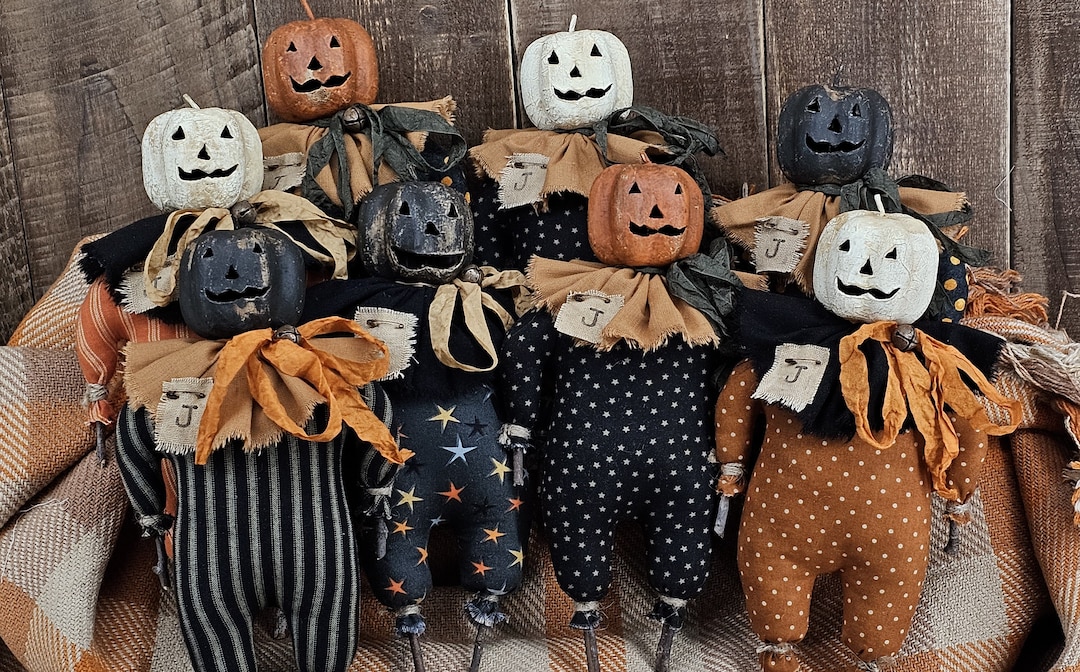 Primitive Jack O Lantern Twig Doll – Rustic Halloween Pumpkin Shelf ...