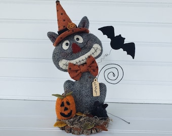 Primitive Halloween Cat Pattern – Wool Applique PDF – Cheshire Kitty DIY Fall Decor E‑Pattern