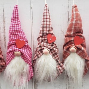 Valentine Gnome Ornament: Homespun Fabric, Red Heart Decor