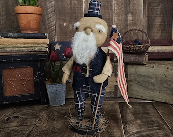 Primitive Folkart Americana Uncle Sam – July 4th Patriotic Heirloom Doll – Primitive USA Shelf Sitter Decor