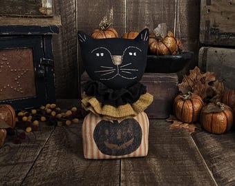 Primitive Halloween Black Cat – Vintage Ticking Kitty with Hand‑Stitched Face – Jack‑o’-Lantern Pumpkin Body – Fall Folk Art Decor