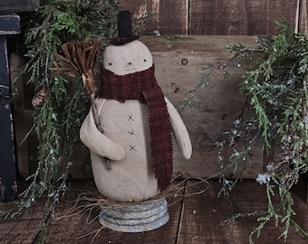 Primitive Wool Snowman – Rustic Shelf Sitter – Tiered Tray Christmas Decor – Handmade Country Snowman – Winter Holiday Accent