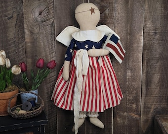 Primitive Americana Angel Door Greeter – Patriotic Wool Flag Doll – Handmade Folk Art Decor