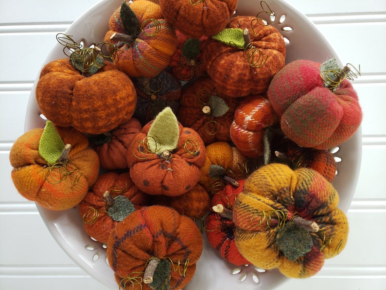 May include: A bowl filled with handmade felt pumpkins in various shades of orange, brown, and red. The pumpkins have a rustic, autumnal feel and are decorated with green felt leaves and gold wire stems.