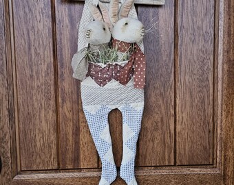 Primitive Easter Bunny Britches • Brown Vintage Quilt Bunny Door Greeter • Rustic Farmhouse Spring Decor