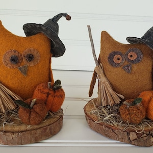 May include: Two orange felt owls wearing witch hats and holding brooms, each with three orange felt pumpkins at their feet, sitting on a wood slice base with straw and moss.