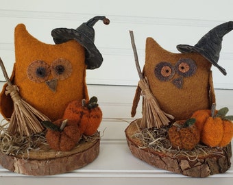 Fall Owl Shelf Sitter - Autumn Wool Owl - Halloween Owl Accent - Primitive Farmhouse Owl - Fall Owl Decoration - Fall Home Décor - Lodge Owl