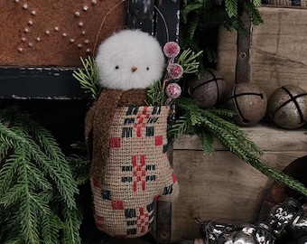 Primitive Snowman in Coverlet Mitten - Folk Art Snowmen Bowl Filler Tuck Christmas Ornament - Winter Tiered Tray Home Decor