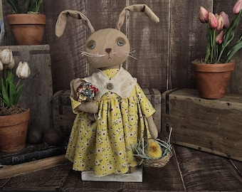 Evelyn Bunny – Primitive Spring Folk Art Rabbit with Vintage Duckling