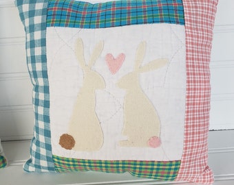 Handmade Wool Bunny Applique Pillow - Spring Home Decor