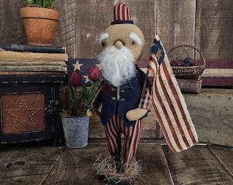 Primitive Folkart Americana Uncle Sam – July 4th Patriotic Heirloom Doll – Primitive USA Shelf Sitter Decor