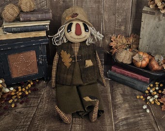 Primitive Fall Scarecrow Doll • Handmade Folk Art Scarecrow • Rustic Autumn Shelf Sitter • Farmhouse Harvest Home Decor
