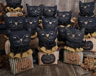 Gato negro de Halloween – Gatito vintage con estampado de tictac – Decoración de calabaza de Halloween cosida a mano