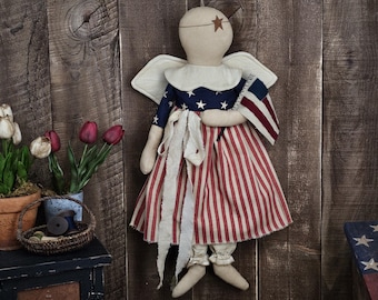 Primitive Americana Angel Door Greeter – Patriotic Wool Flag Doll – Handmade Folk Art Decor