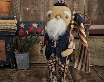 Primitive Folkart Americana Uncle Sam – July 4th Patriotic Heirloom Doll – Primitive USA Shelf Sitter Decor