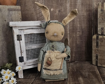 Beatrice Bunny – Primitive Easter Bunny Decor – Handmade Spring Folk Art Rabbit – Vintage Grain Sack & Homespun Doll