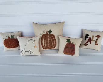 Wool Fall Bowl Filler Set: Hand-Stitched Pumpkin & Crow Pillows