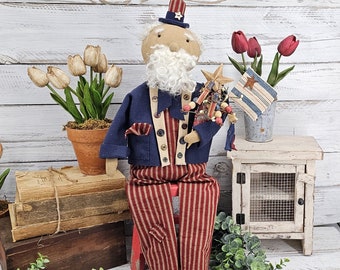 Primitive Folkart Americana Uncle Sam - July 4th Uncle Sam Heirloom Doll - USA Patriotic Sam Doll Shelf Sitter - Independence Day Home Décor