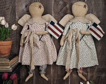 Primitive Americana Angel Door Greeter with Wool Flag – Patriotic Folk Art Decor