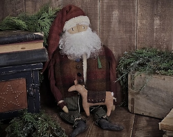 Primitive Rustic Santa Claus and Reindeer – Handmade Christmas Saint Nicholas Home Decor