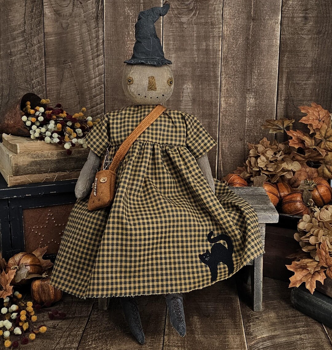 Primitive Witch Doll – Handmade Folk Art Pumpkin Witch With Wool ...
