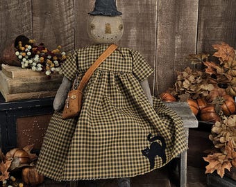 Muñeca Bruja Primitiva – Bruja Calabaza de Arte Popular Hecha a Mano con Gato Aplicado de Lana, Decoración Vintage de Halloween, Muñeca Primitiva de Otoño – Siena