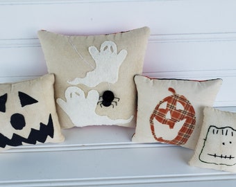 Wool Halloween Pillow Tuck Set: Appliqued Ghost, Pumpkin, Frankenstein