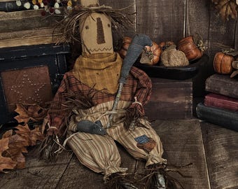 Primitive Folk Art Scarecrow • Autumn Harvest Decor • Farmhouse Primitive Shelf Sitter • Autumn Scarecrow with Mouse & Crow