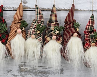 Homespun Fabric Christmas Gnome Ornament - Scandinavian Holiday Decor - Christmas Tree Ornie Exchange Gift Topper - Winter Norwegian Santa