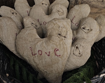 Primitive Linen Cross Stitch Heart – ONE Handmade Valentine Bowl Filler, Rustic Folk Art Décor, Gift for Her